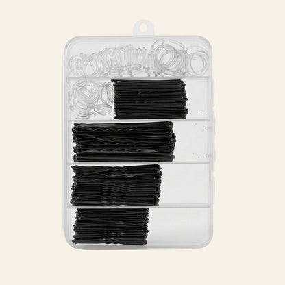 300pcs Metal Bobby Pins with Mini Rubber Hair Ties – Hair Styling Kit with Storage Box